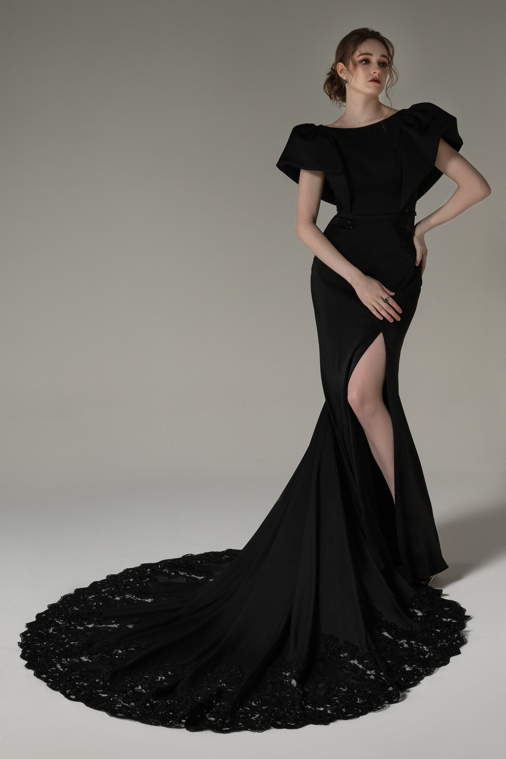 Black Trumpet Open Back Stretch Satin Split Wedding Dress CW2490 –  COCOMELODY