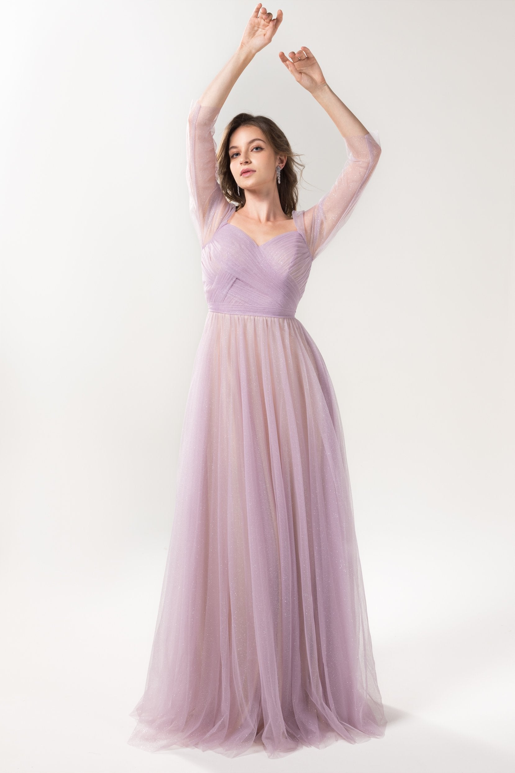 Off Shoulder Sparkling Tulle A line Purple Bridesmaid Dress CB0616