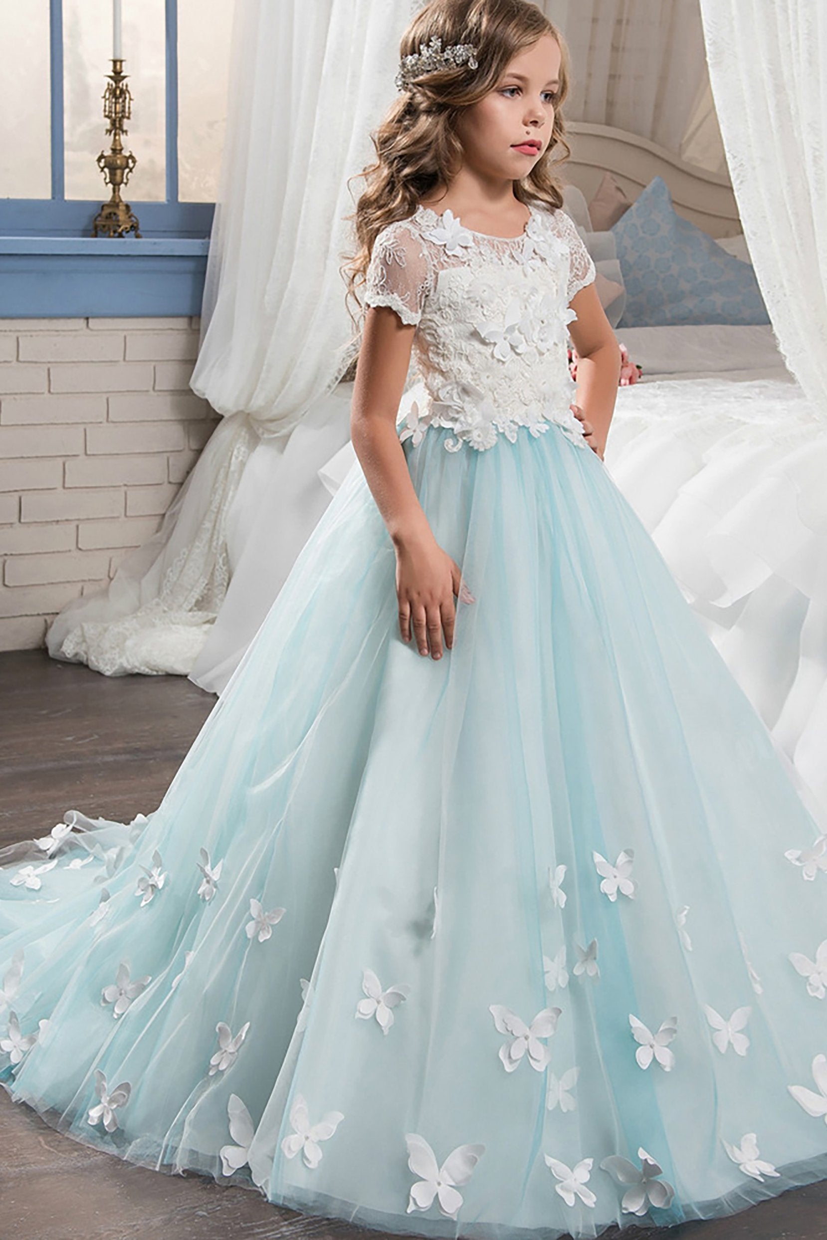 A Line Floor Length Tulle Lace Flower Girl Dress CF0314 7 Days Mint Green 2