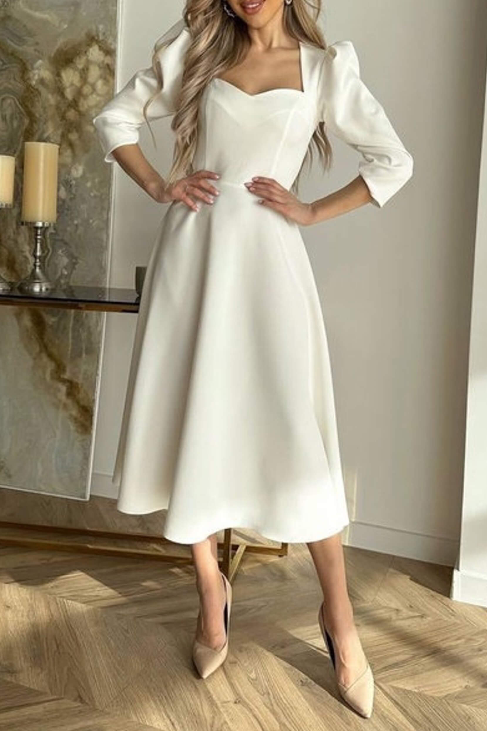 Lea Twisted Midi Dress / selling Tea length White Dress / Long sleeves silk dress