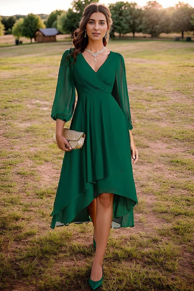 Green a line dress with sleeves hotsell