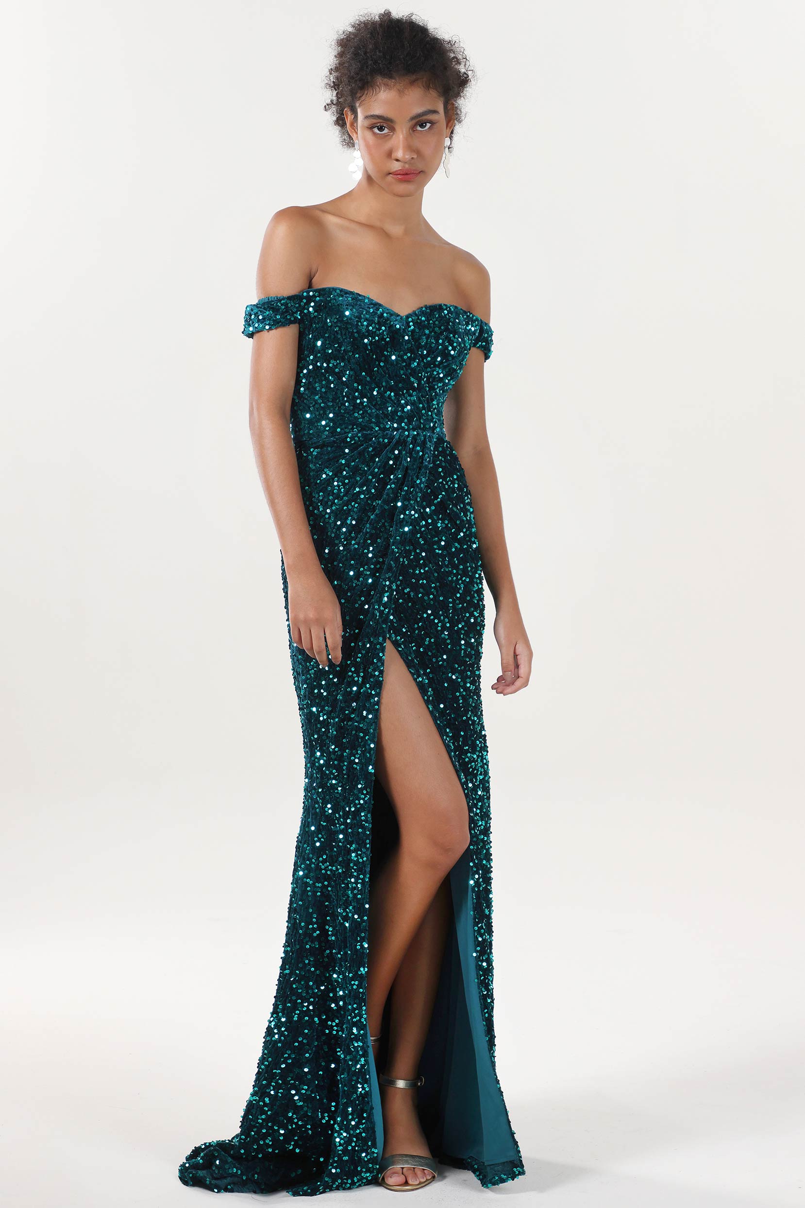 Cocomelody Sheath Column Sweep Brush Train Velvet Sequin Formal Dress CS0639 Teal