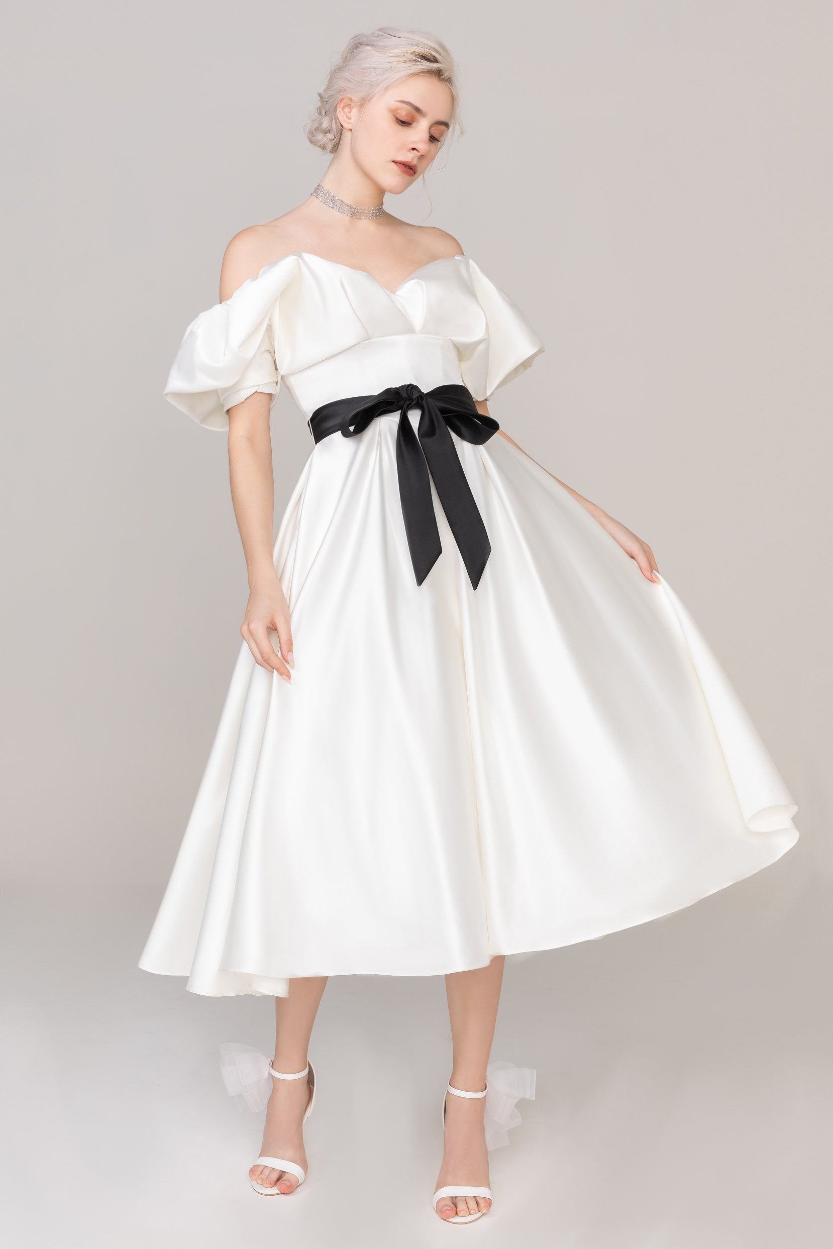 A-Line Off Shoulder Tea Length Satin Short Sleeve Zipper Wedding Dress  CW2407 – COCOMELODY