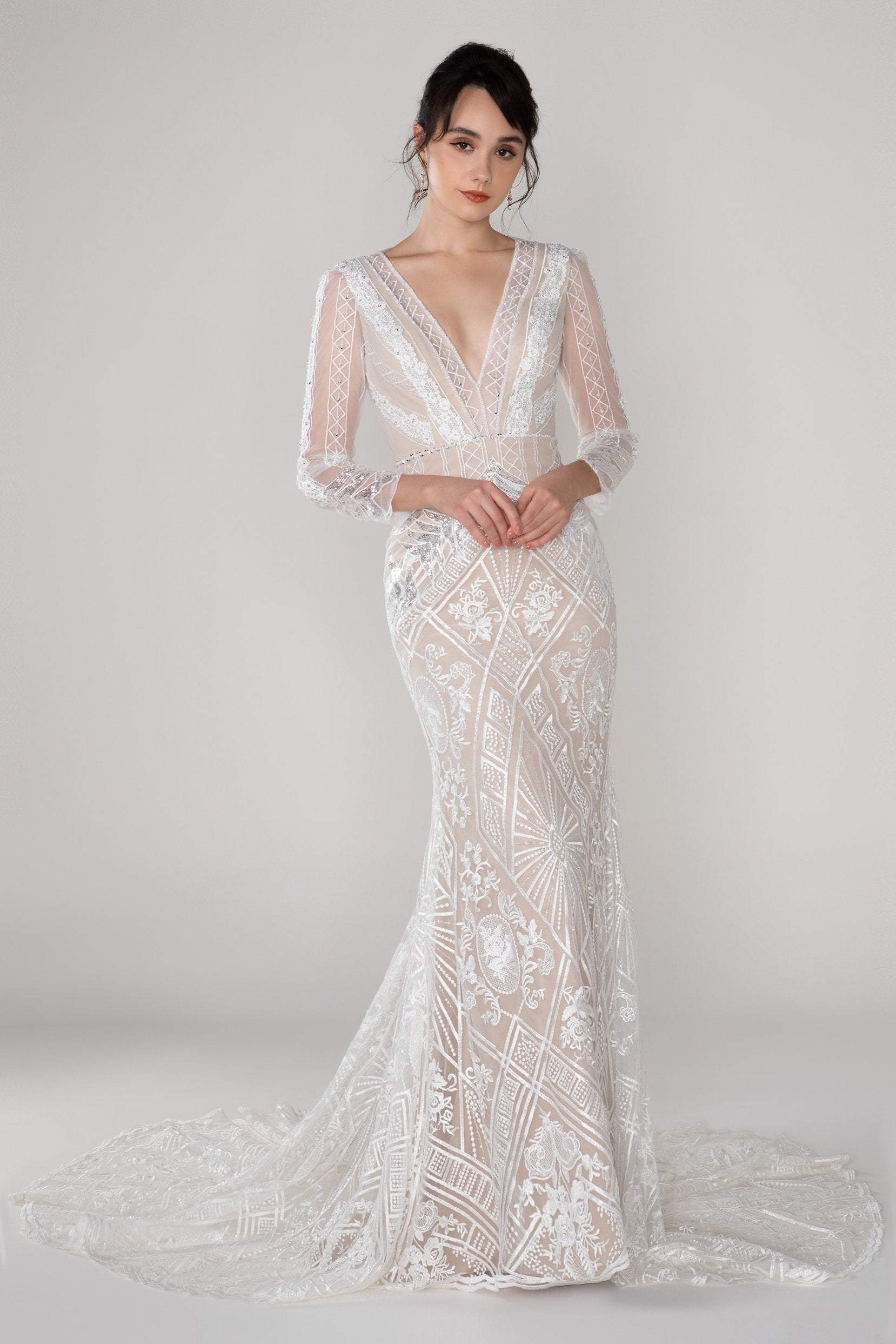 Trumpet-Mermaid V-Neck Court Train Lace Long Sleeve Zipper Wedding Dress  CW2532 – COCOMELODY