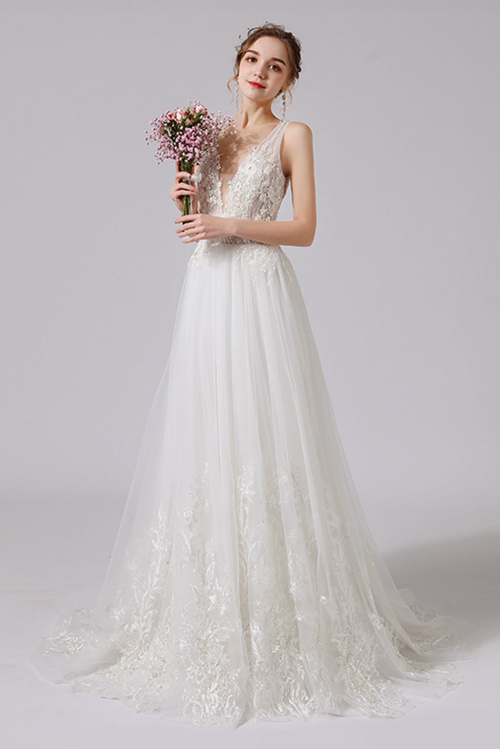 A-Line Sweep-Brush Train Lace Tulle Sleeveless Zipper Wedding