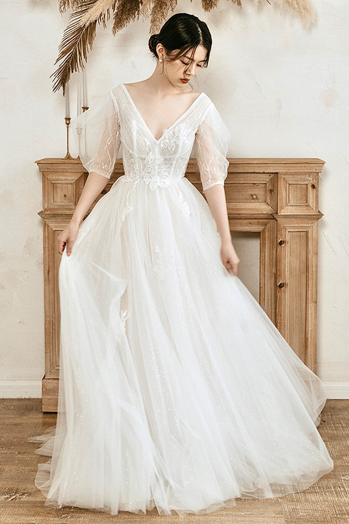 A Line Sweep Brush Train Lace Tulle Puff Sleeves Wedding Dress