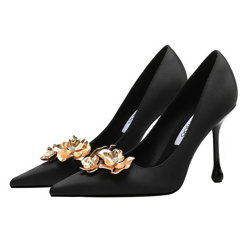 Pointy black high heels women s stiletto sexy light mouth gold flower COCOMELODY