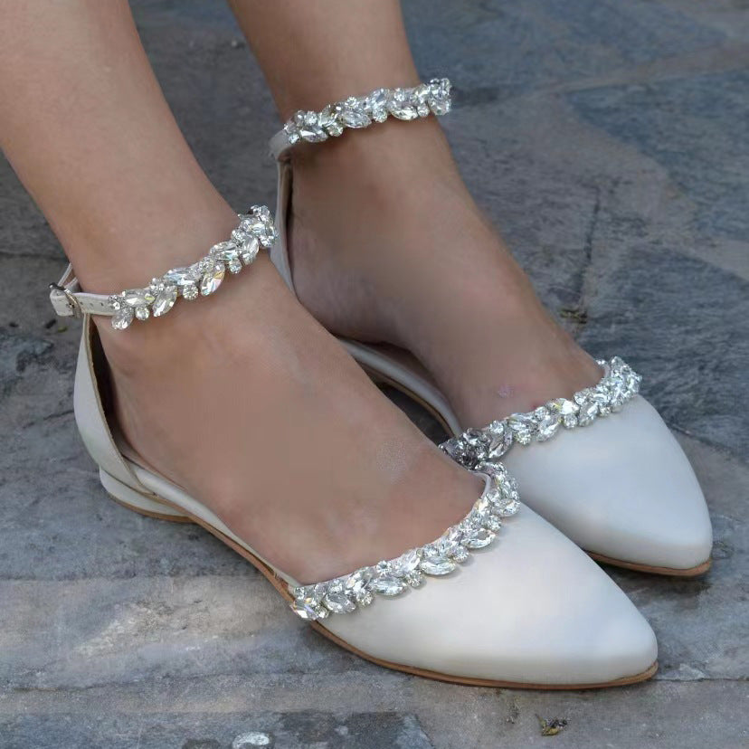 White flat sandal wedding shoes diamond chain line with large size wed COCOMELODY