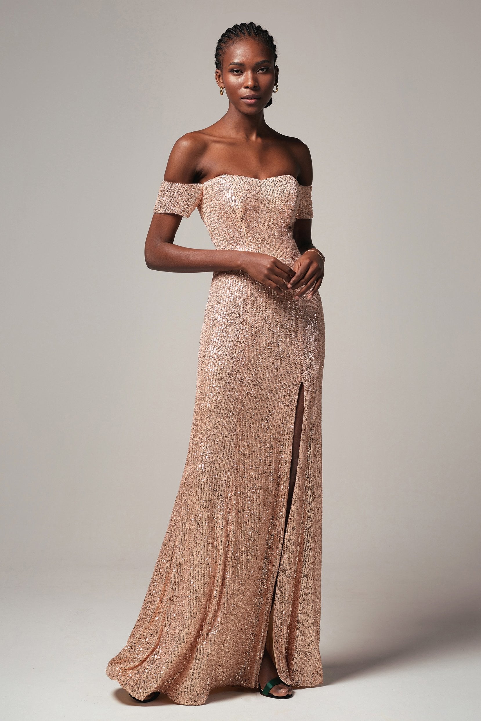 Off shoulder rose gold dress best sale