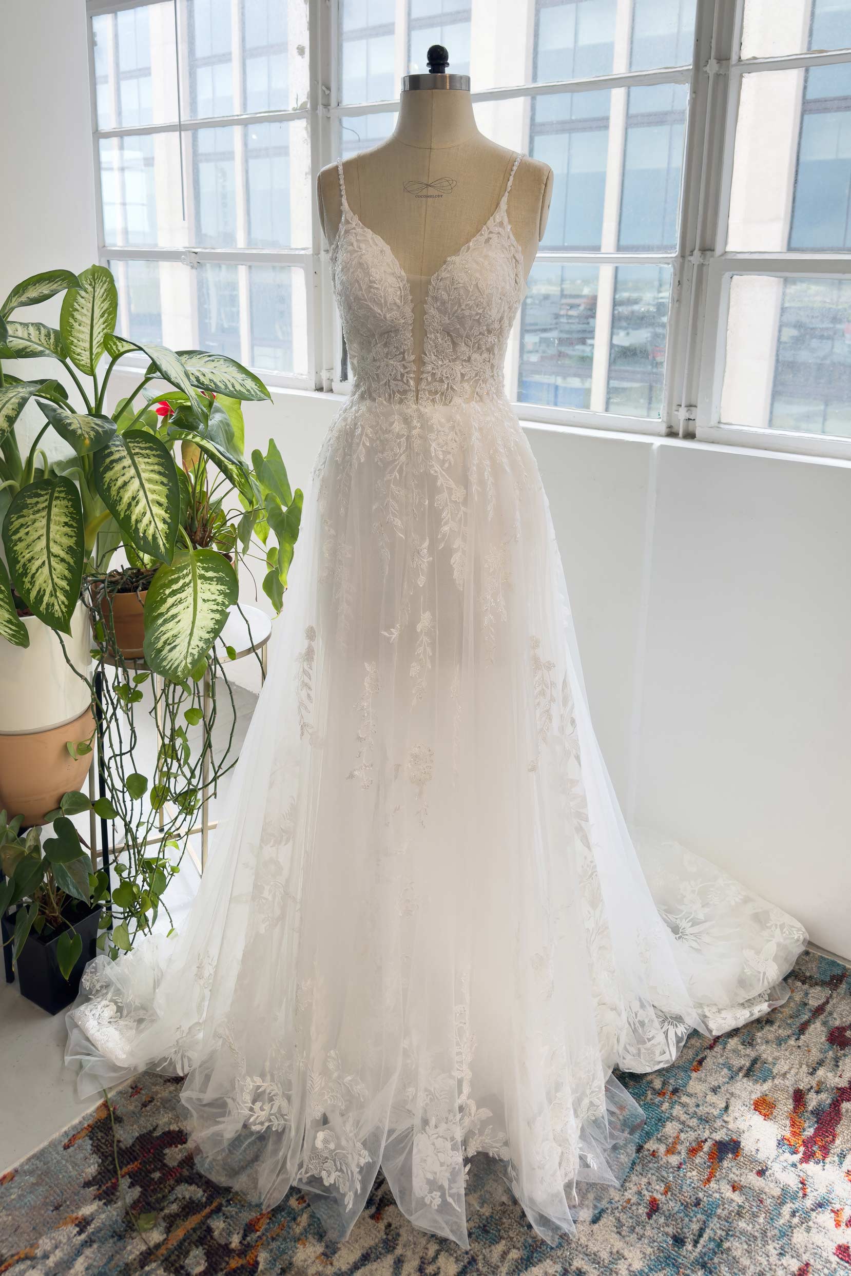 A Line V Neck Natural Cathedral Train Lace Tulle Zipper Wedding Dress CW2996 60 Days Ivory Medium Nude US14 UK16 EUR44