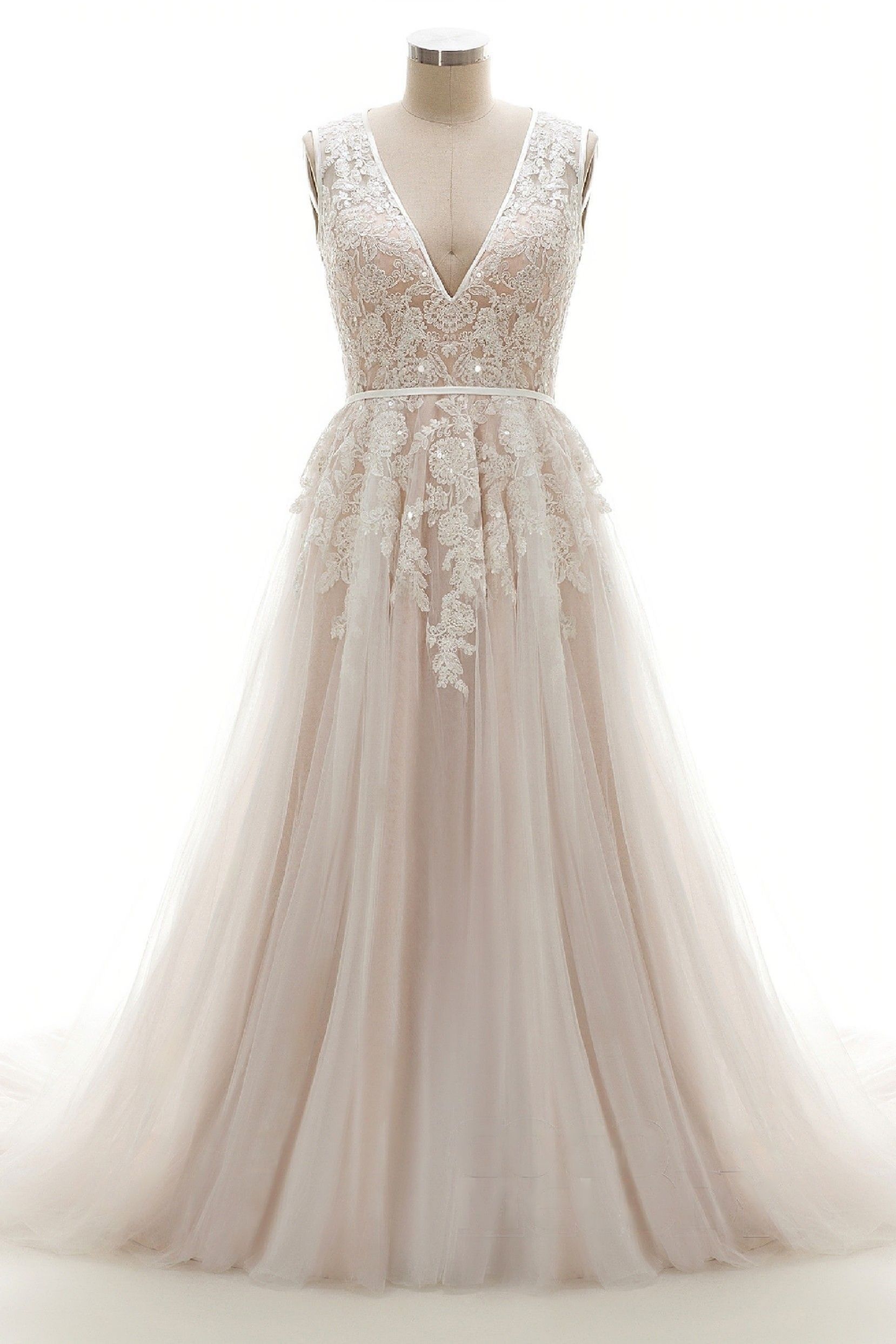 A-Line V-Neck Tulle Lace Court Train Wedding Dress LD3932 – COCOMELODY