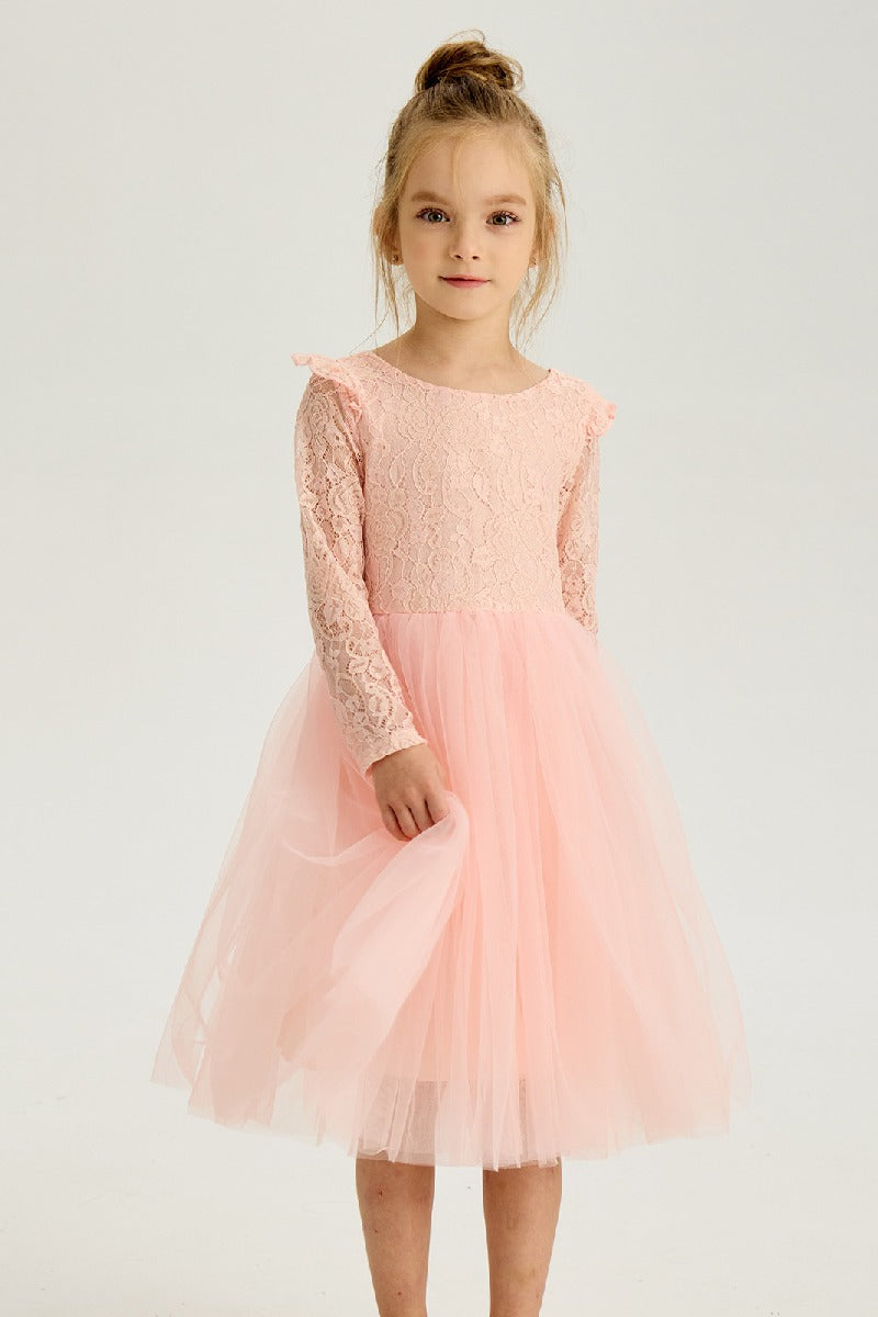 A-Line Scoop Neck Long Sleeve Lace Midi Flower Girl Dresses  850587397012