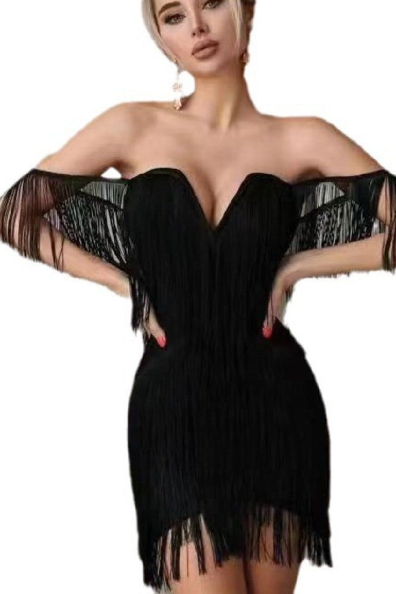 Black bandage dress with shoulder fringe V lead party dress 833532591051