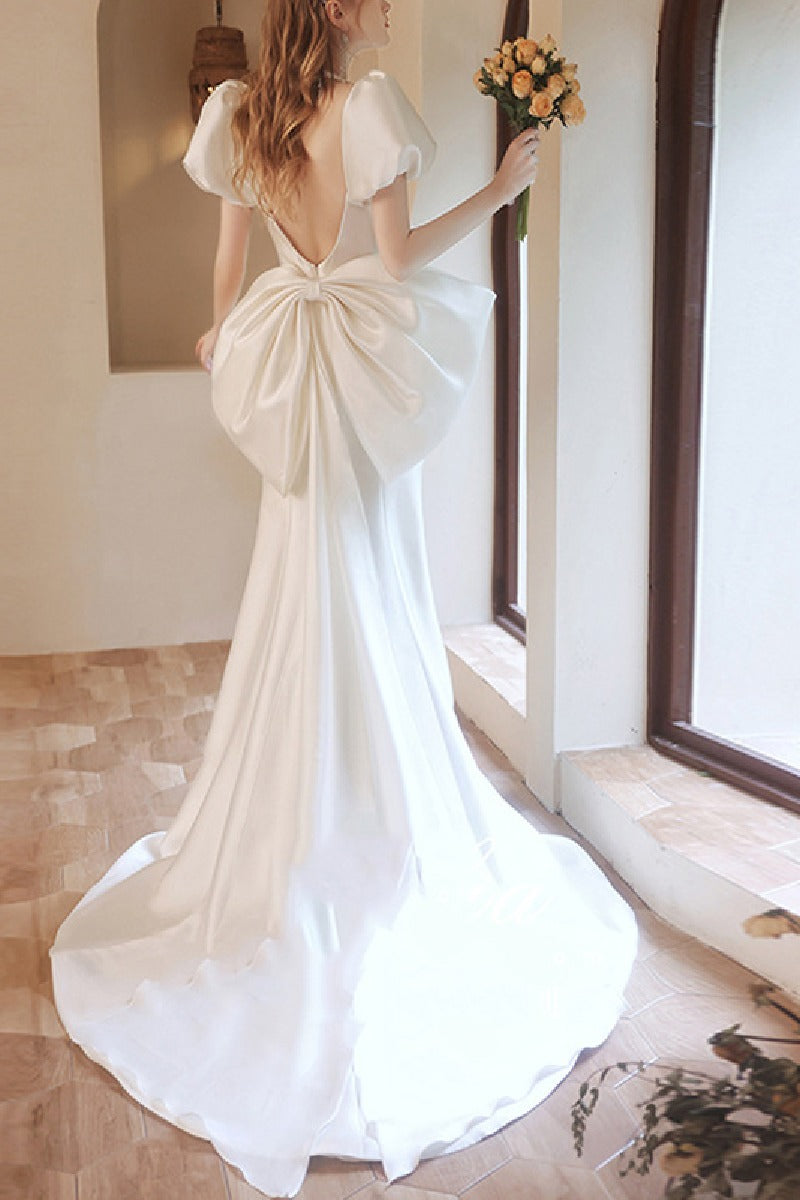 Trumpet-Mermaid Sweep-Brush Train Satin Wedding Dress 673835061688