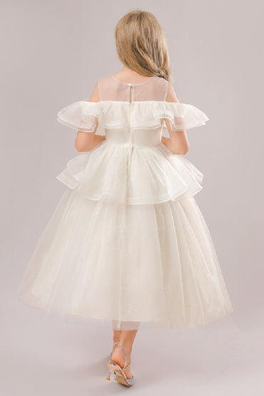 Ball-Gown Off The Shoulder Neck Cold Shoulder Sleeves Tulle Midi Flower Girl Dresses 687623292935