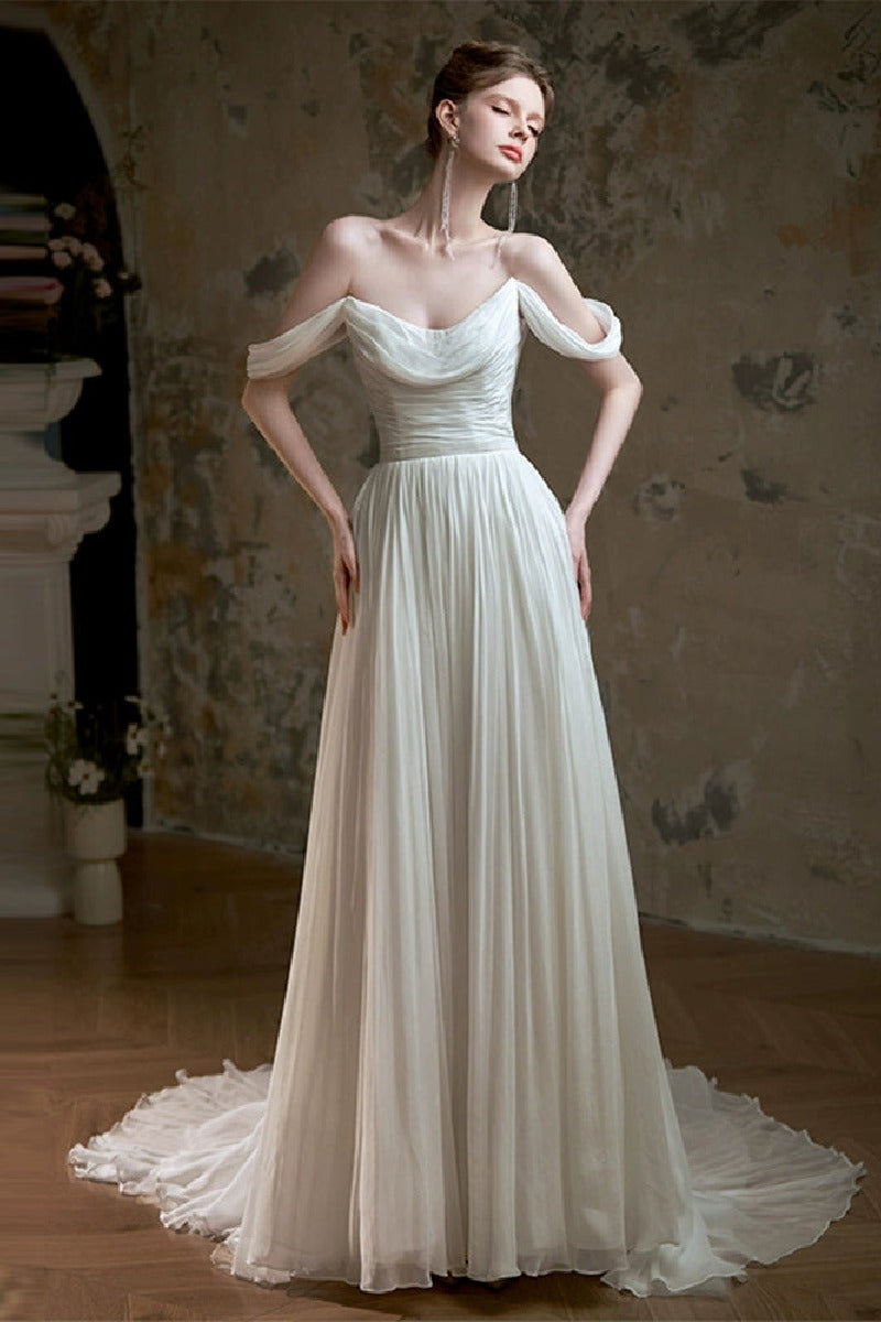 A-Line Sweep-Brush Train Chiffon Wedding Dress 811880629978