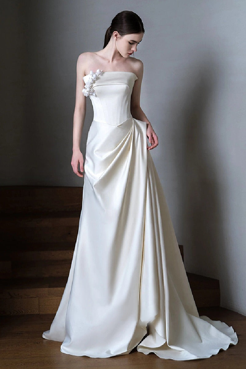 Sheath-Column Sweep-Brush Train Satin Wedding Dress 761888350591