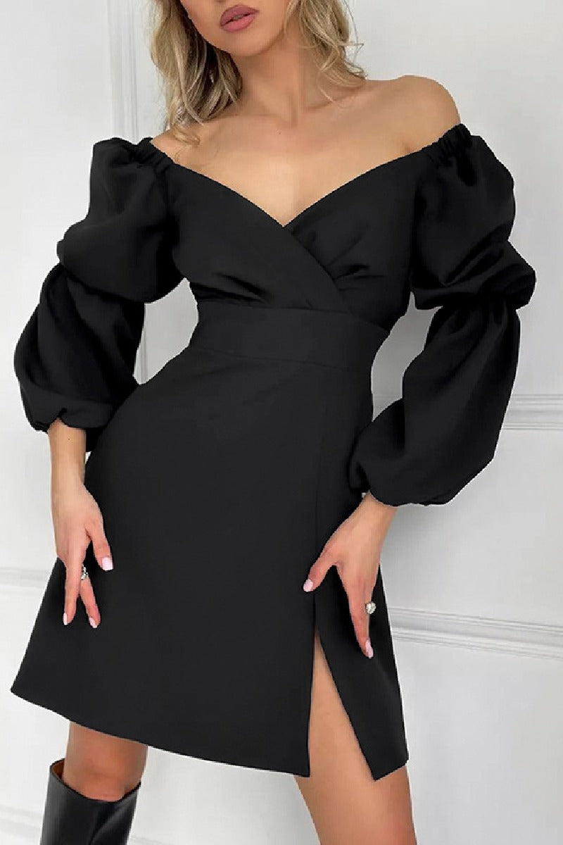 Black V-neck lantern sleeve waistline A-line little black cocktail dress 840281839688