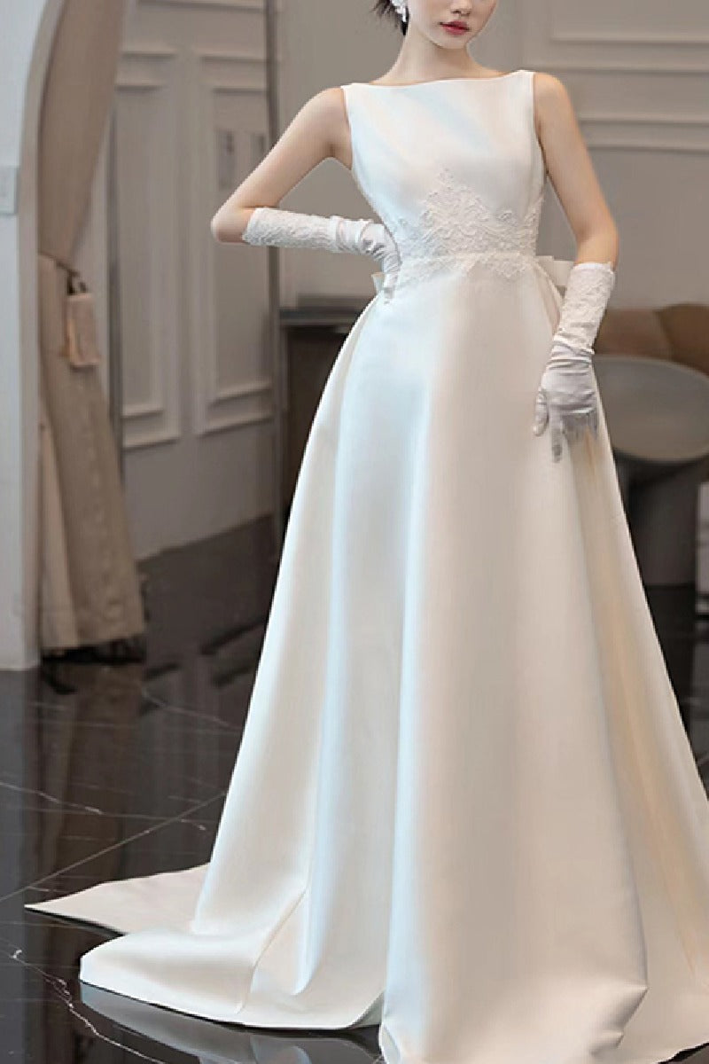 A-Line Chapel Train Satin Wedding Dress 732407195176