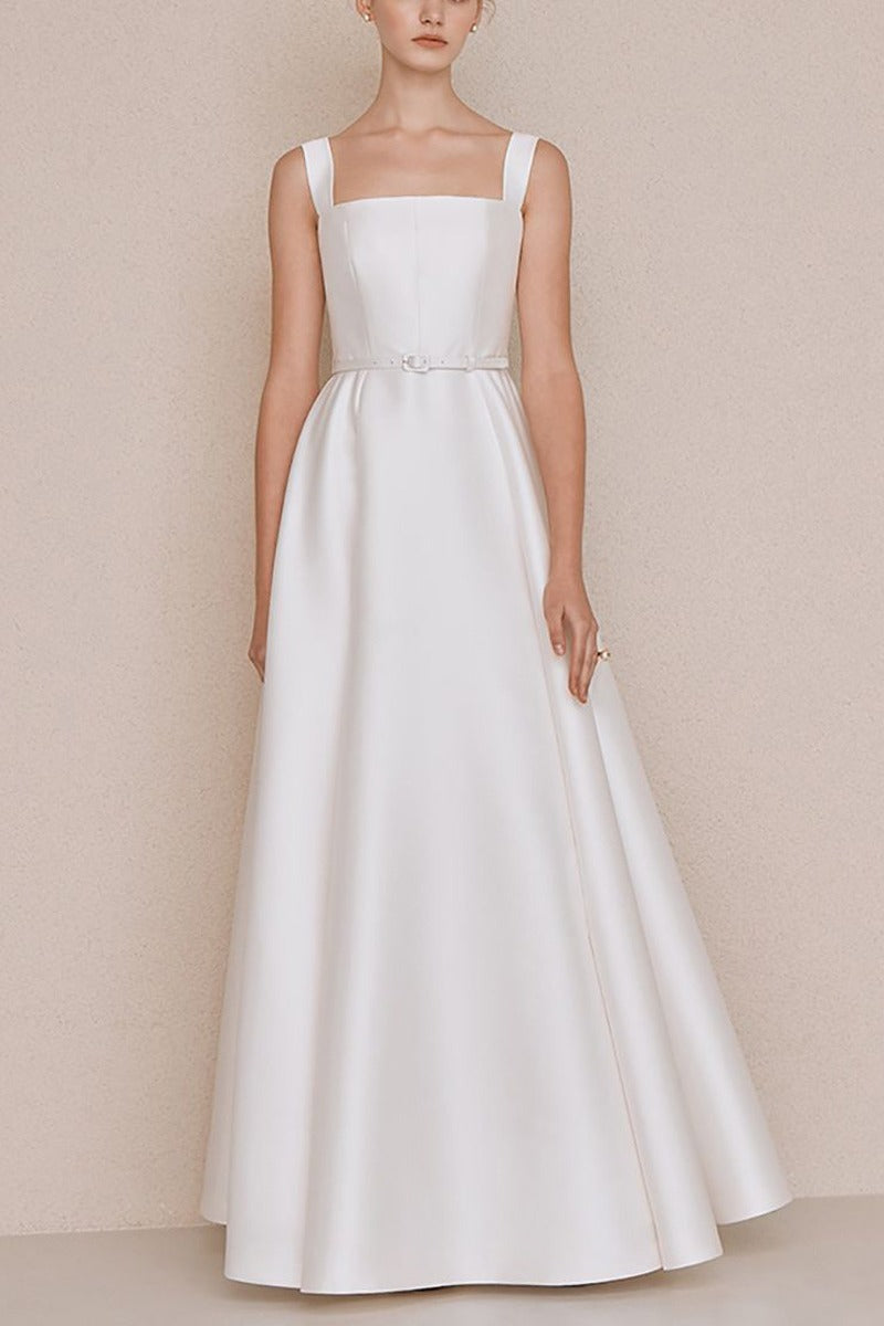 A-Line Floor Length Satin Wedding Dress 742347951746