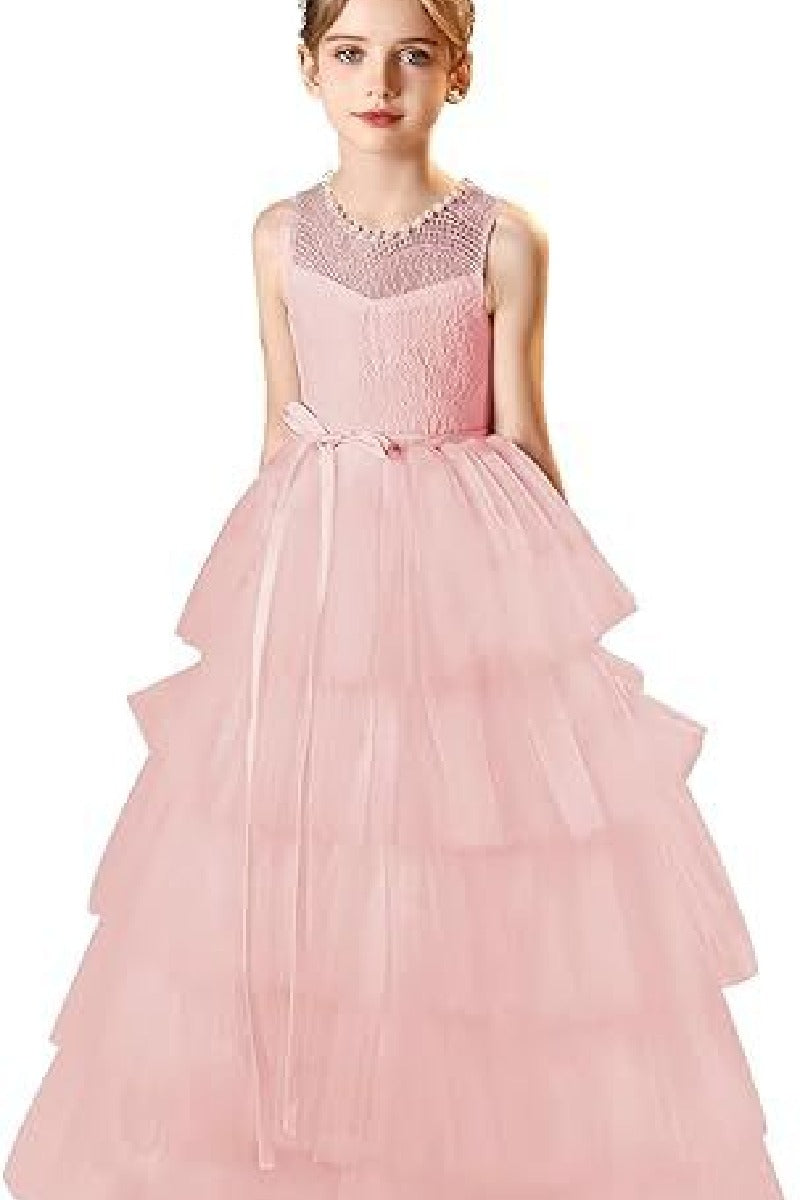 A-Line Scoop Neck Lace/Tulle Flower Girl Dresses With Cascading Ruffles 809160851086