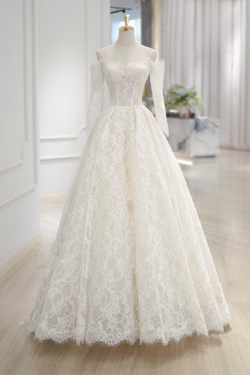 A-Line Sweep-Brush Train Lace  Wedding Dress 843985458463