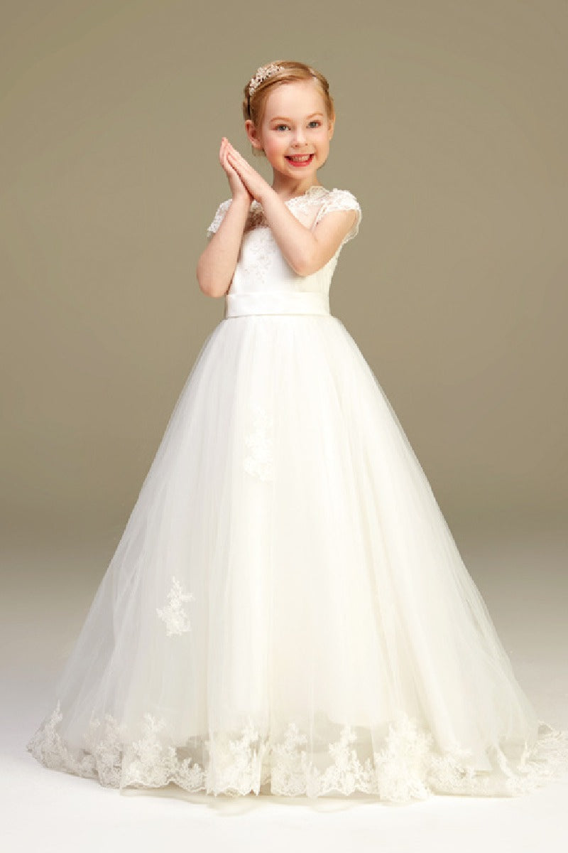 Ball-Gown Illusion Neck Princess Tulle Flower Girl Dresses With Appliques Lace 626723738802