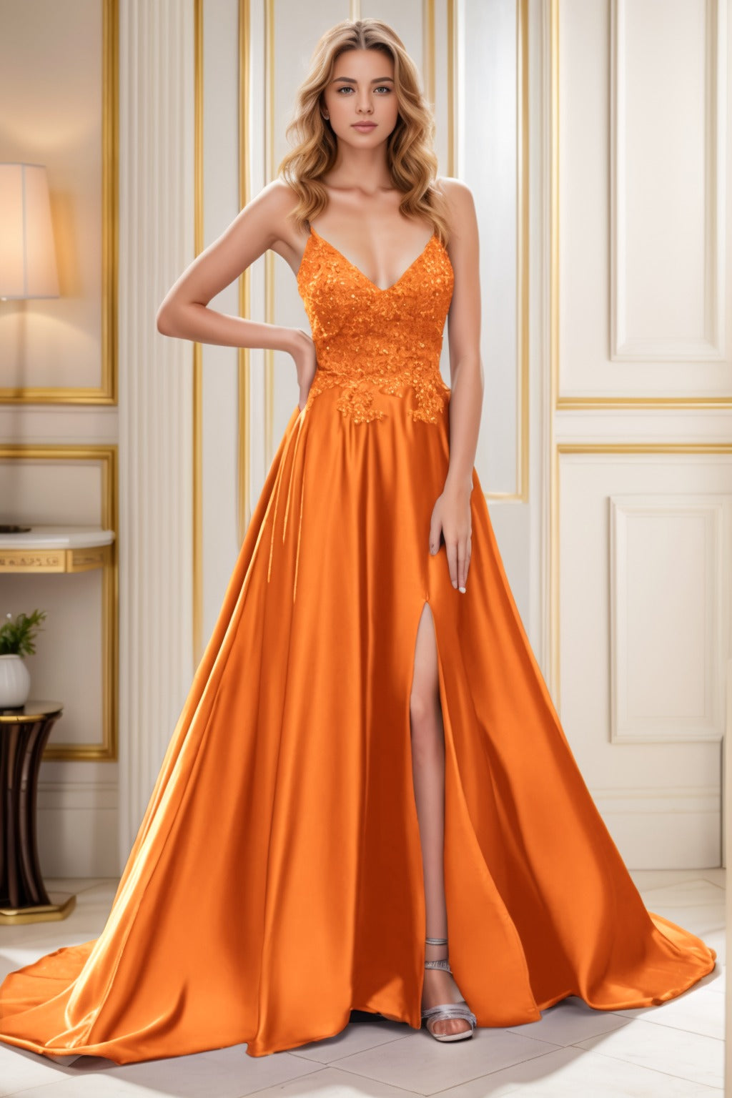 Prom 2024 Party Wedding Ceci Maxi Orange Satin Dress With Rhinestones and Open Back