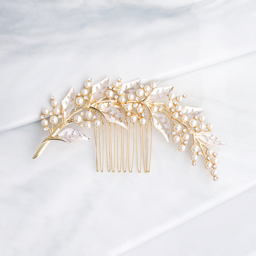 INS style bridal bridal headpiece alloy hollow leaf hair comb Pearl rhinestone disc hair insert comb 597016876018