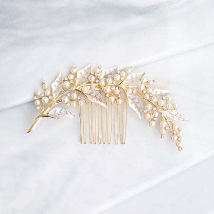 INS style bridal bridal headpiece alloy hollow leaf hair comb Pearl rhinestone disc hair insert comb 597016876018