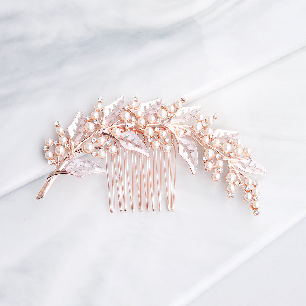 INS style bridal bridal headpiece alloy hollow leaf hair comb Pearl rhinestone disc hair insert comb 597016876018