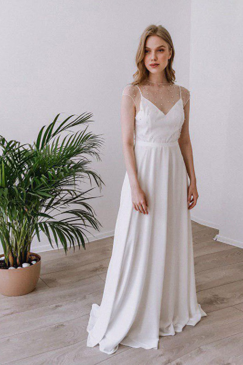 A-Line Sweep-Brush Train Chiffon Wedding Dress 650178936693