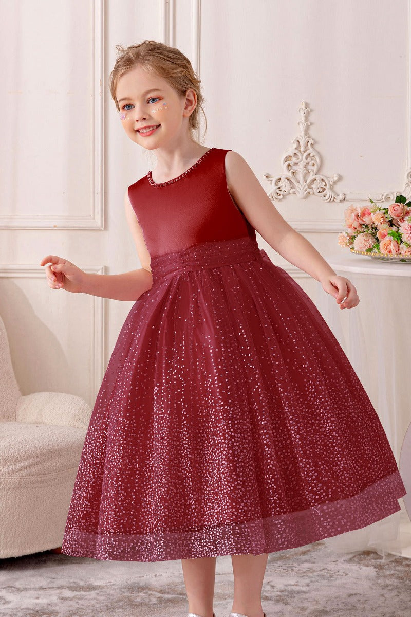 A-Line Scoop Neck Sleeveless Midi Tulle/Sequined Flower Girl Dresses 828722259586