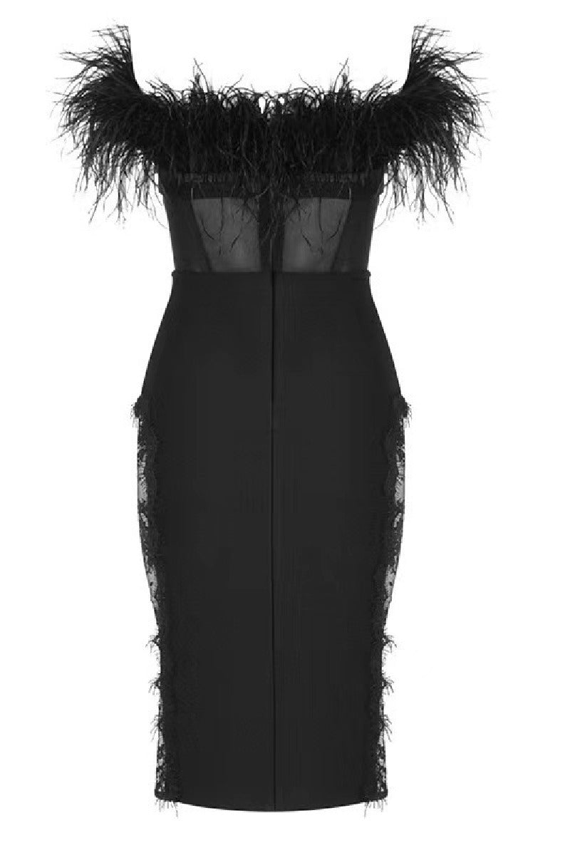 Bodice feather lace cutout mesh sheath hip bandage cocktail dress 738287275067