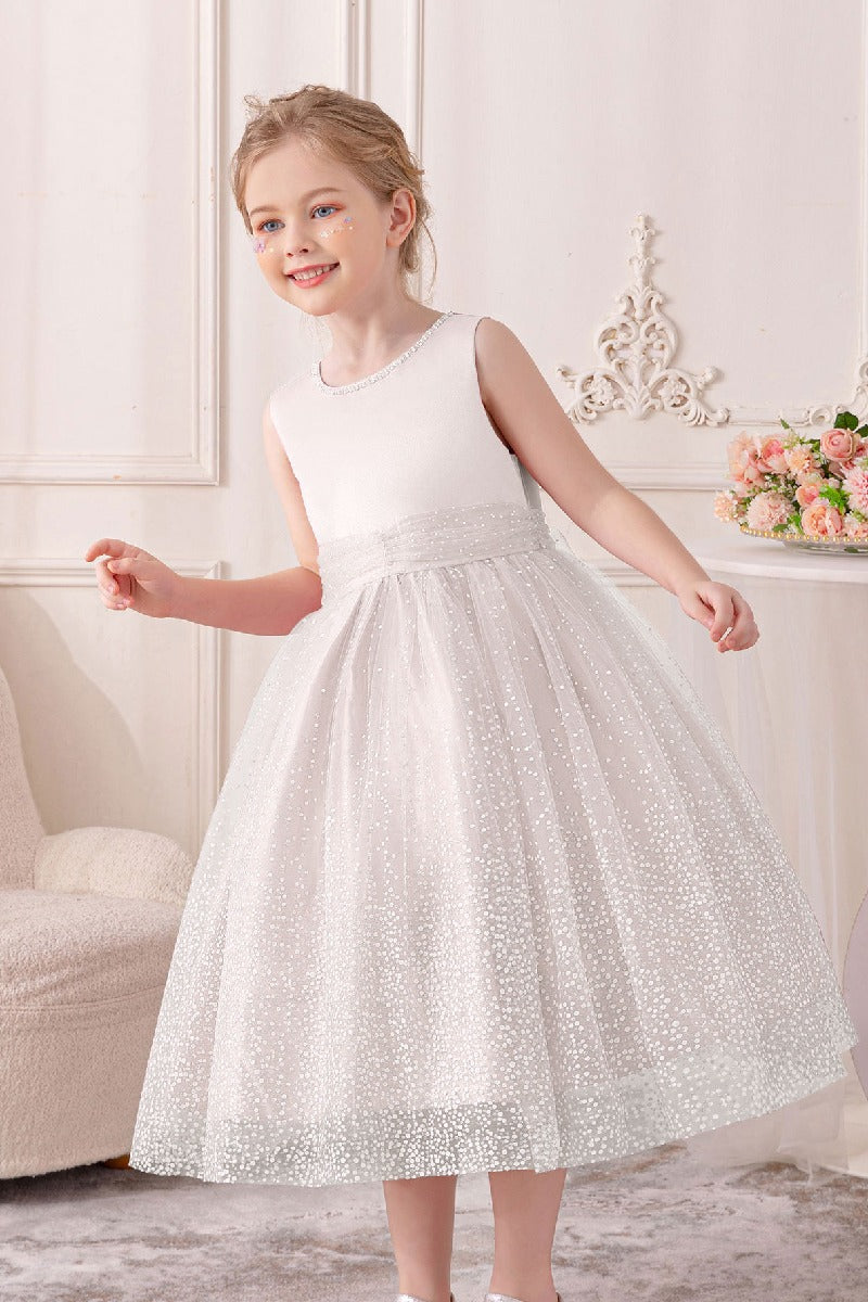 A-Line Scoop Neck Sleeveless Midi Tulle/Sequined Flower Girl Dresses 828722259586