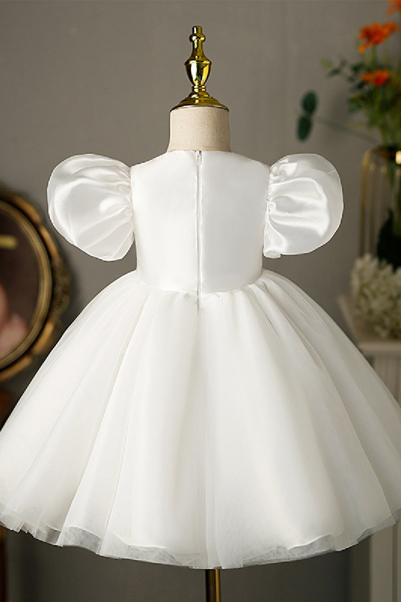 A-Line Scoop Neck Puff Sleeves Midi Organza/Tulle Flower Girl Dresses 710126398367