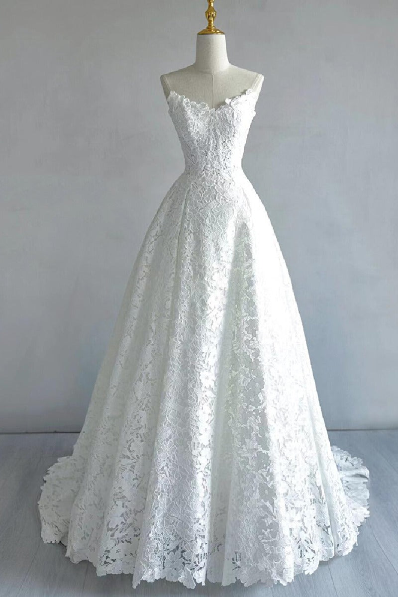 A-Line Sweep-Brush Train Lace Wedding Dress 828423890551