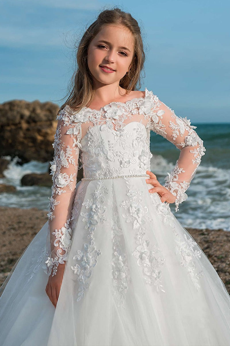 A-Line Illusion Neck Long Sleeve Lace/Tulle Flower Girl Dresses 676090301354