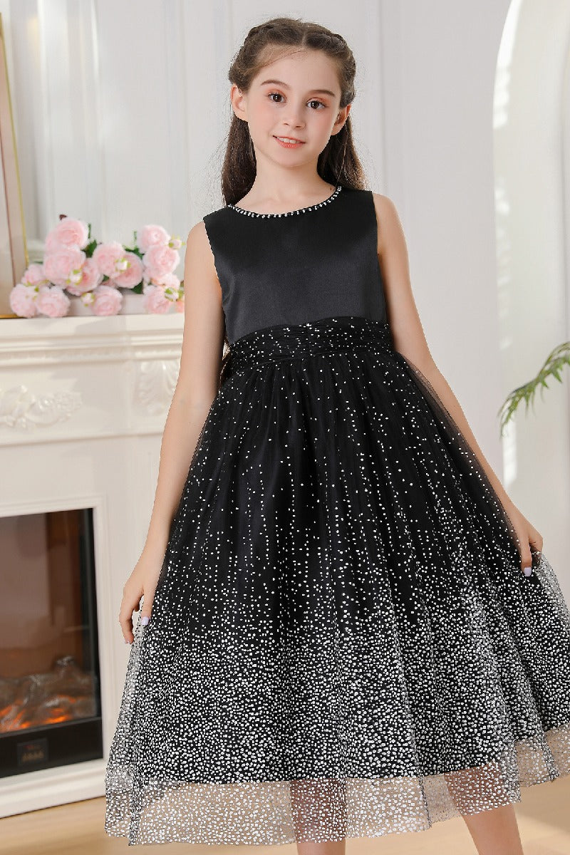 A-Line Scoop Neck Sleeveless Midi Tulle/Sequined Flower Girl Dresses 828722259586