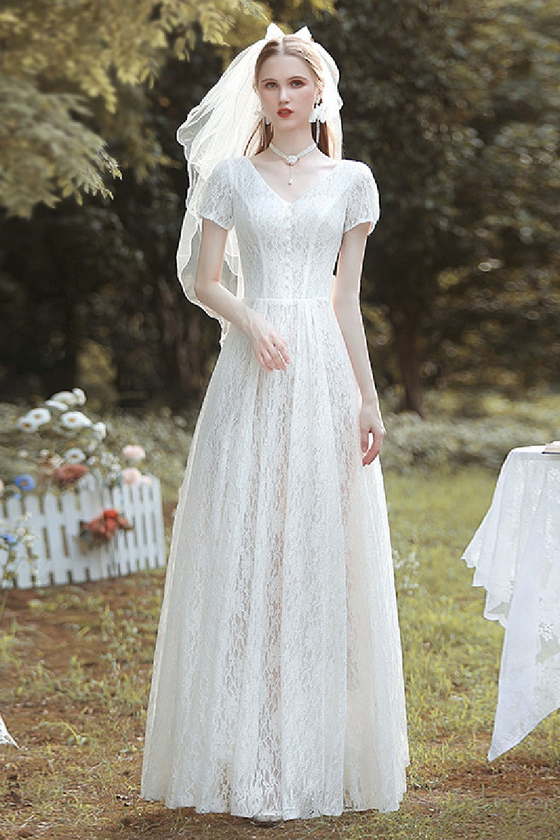 A-Line Floor Length Lace Wedding Dress 660344408093