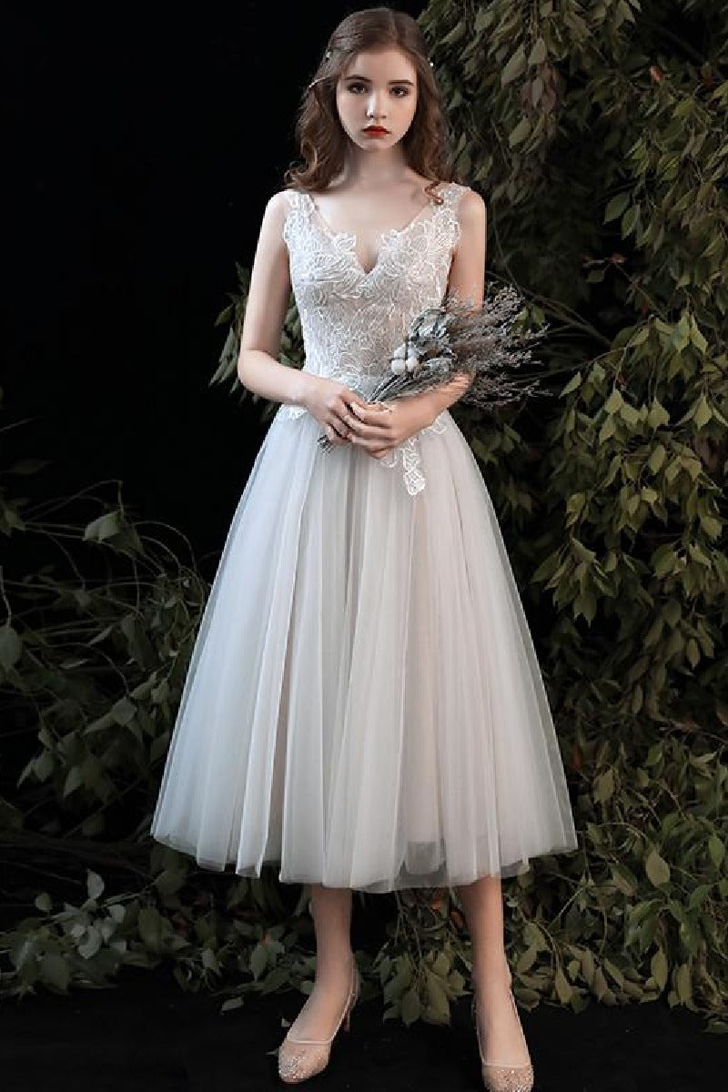 A-Line Tea Length Lace Tulle Wedding Dress 679197245061