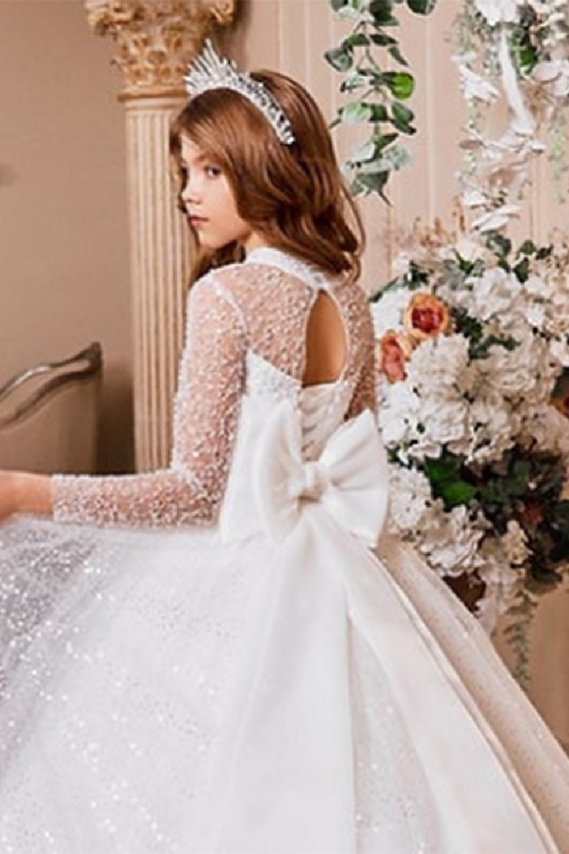 A-Line Illusion Neck Long Sleeve Sparkle Tulle Court Train Flower Girl Dresses 819459140664