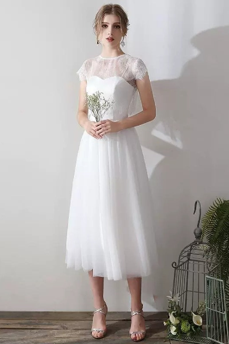 A-Line Tea Length Lace Tulle Wedding Dress 862471719437