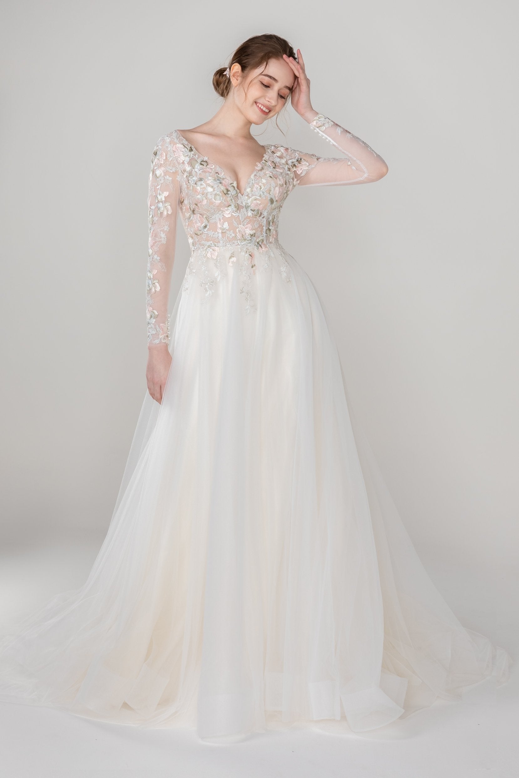 A-Line Court Train Tulle Lace Long Sleeve Zipper Wedding Dress Appliques  CW2535 – COCOMELODY