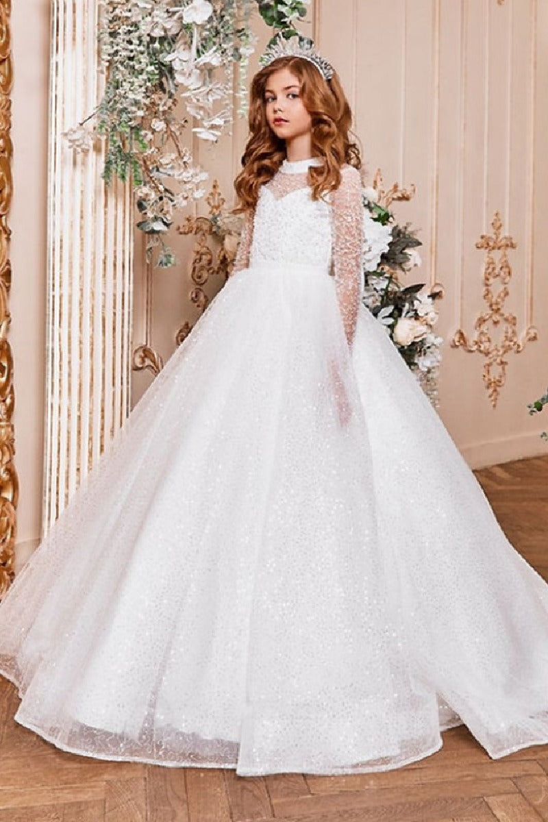 A-Line Illusion Neck Long Sleeve Sparkle Tulle Court Train Flower Girl Dresses 819459140664