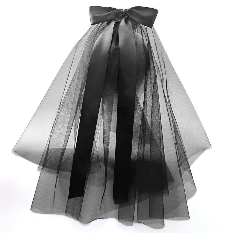 Vintage dark veil with large bow streamer 631802827806