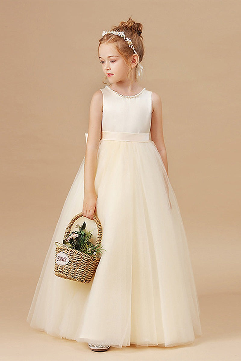 A-Line Scoop Neck Satin/Tulle Flower Girl Dresses With Bow(s)/Beading 752041855392