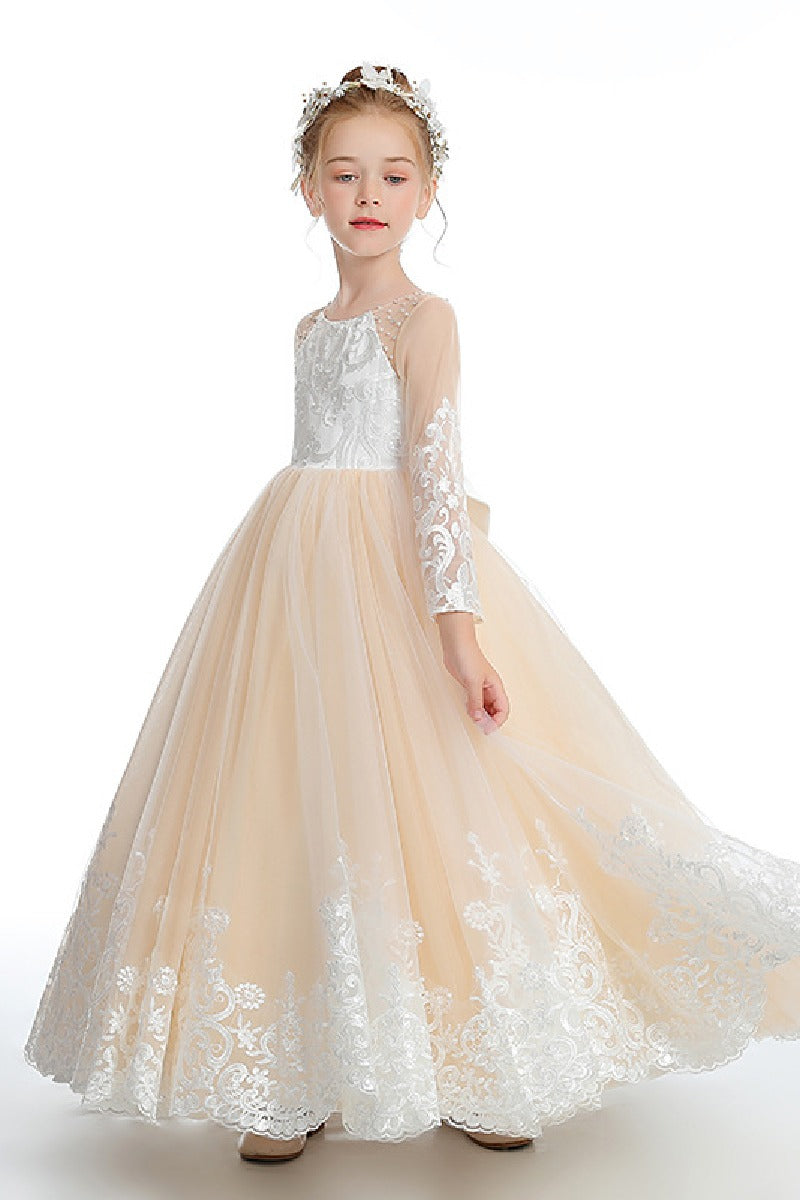 Ball-Gown/Princess Lace Tulle Sweep Floor Length Flower Girl Dresses Pageant Dresses With Bow 760441981255