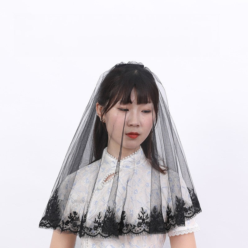 Short double comb Halloween black headdress lace veil 652118383139