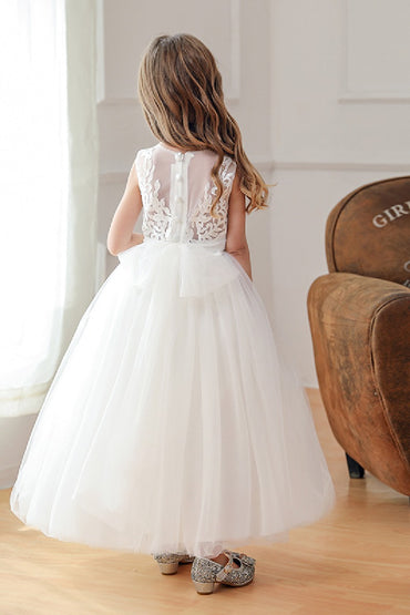 A-line/Princess Illusion Neck Tea Length Lace Tulle Flower Girl Dress 785081622909